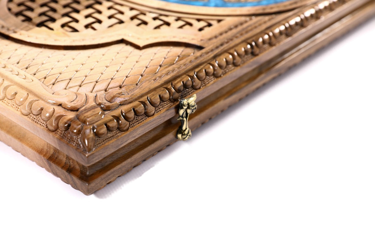 Handmade Walnut Backgammon Set with Armenian Coat of Arms, Braid Motifs and Epoxy Resin, 60 cm - photo 10
