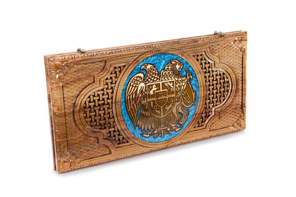 Handmade Walnut Backgammon Set with Armenian Coat of Arms, Braid Motifs and Epoxy Resin, 60 cm - photo 5