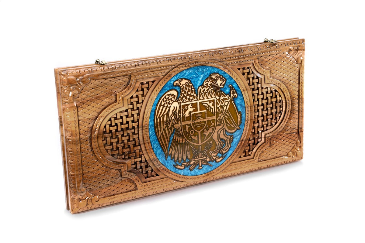 Handmade Walnut Backgammon Set with Armenian Coat of Arms, Braid Motifs and Epoxy Resin, 60 cm - photo 5