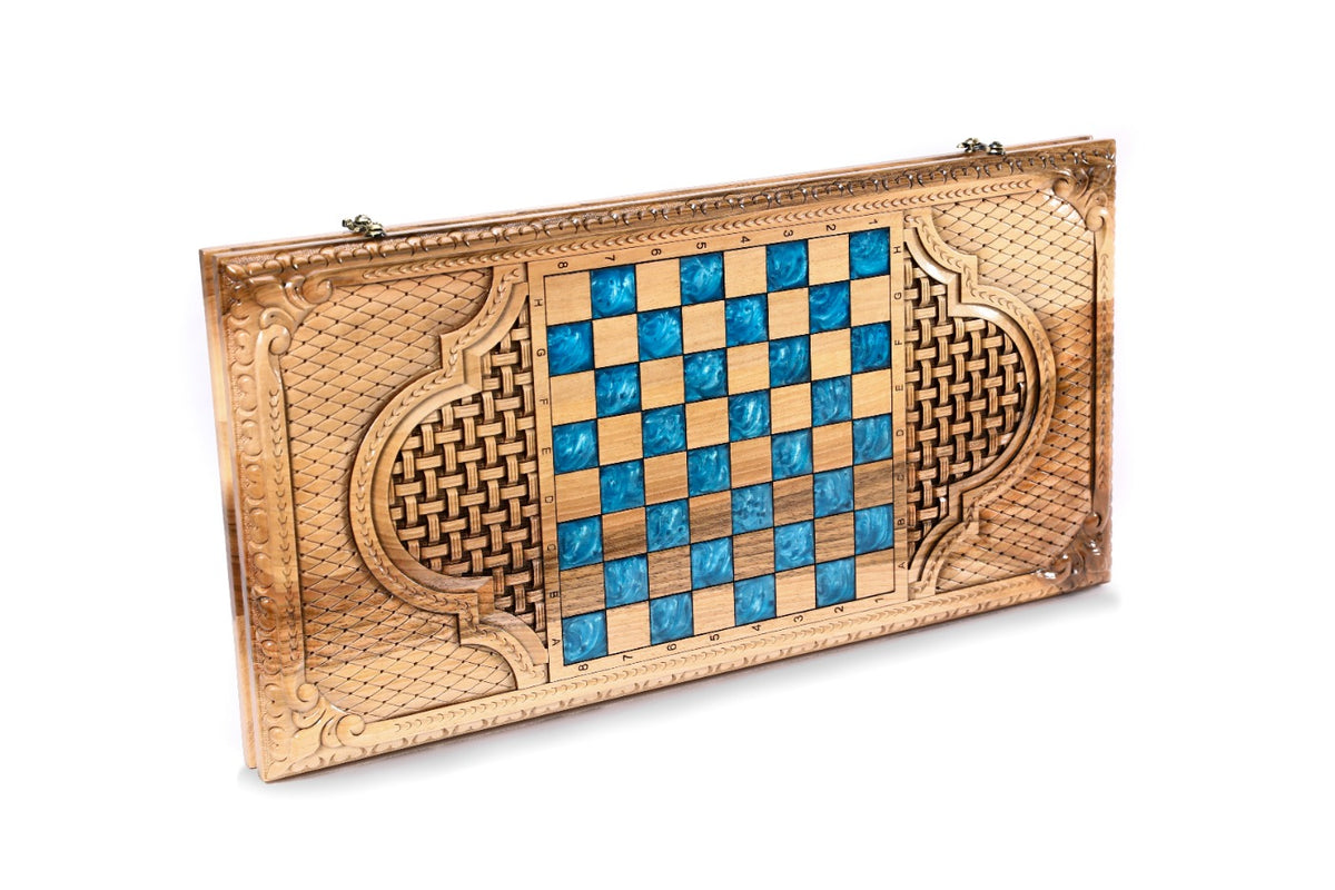 Handmade Walnut Backgammon Set with Armenian Coat of Arms, Braid Motifs and Epoxy Resin, 60 cm - photo 4