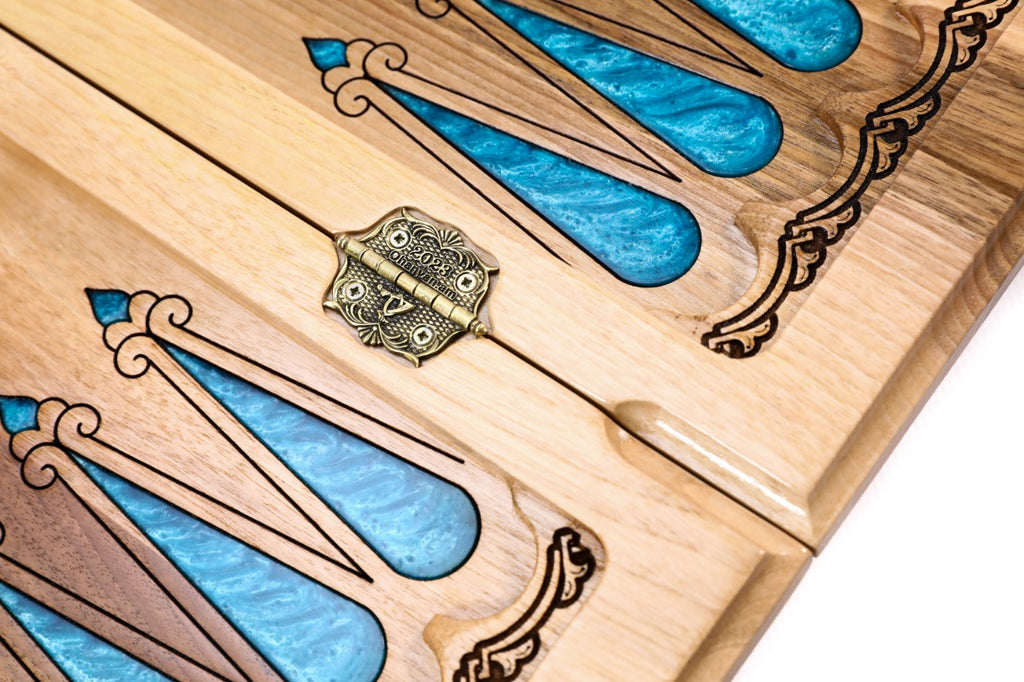 Handmade Walnut Backgammon Set with Armenian Coat of Arms, Braid Motifs and Epoxy Resin, 60 cm - photo 12