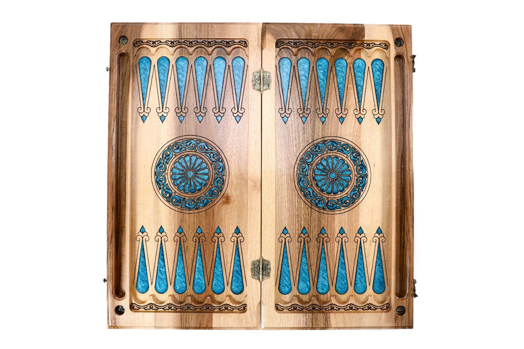Handmade Walnut Backgammon Set with Armenian Coat of Arms, Braid Motifs and Epoxy Resin, 60 cm - photo 9