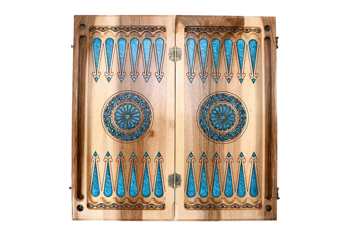 Handmade Walnut Backgammon Set with Armenian Coat of Arms, Braid Motifs and Epoxy Resin, 60 cm - photo 9