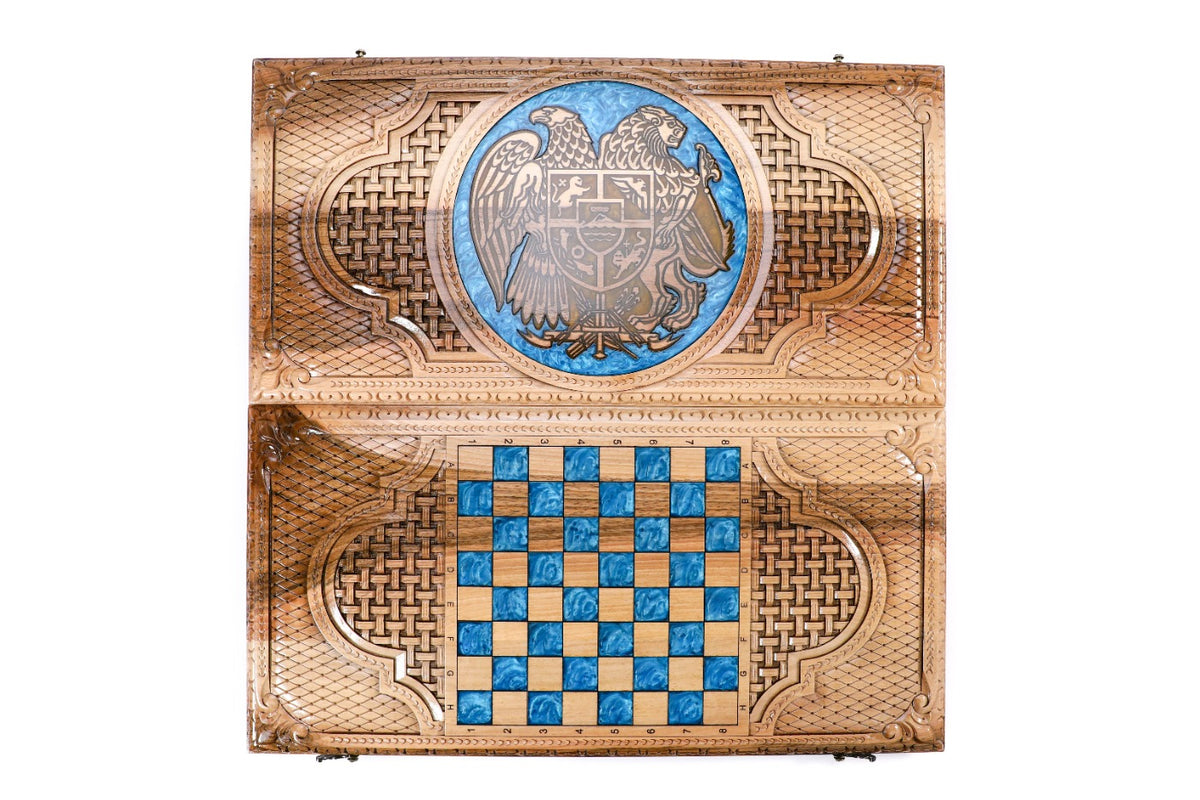 Handmade Walnut Backgammon Set with Armenian Coat of Arms, Braid Motifs and Epoxy Resin, 60 cm - photo 8