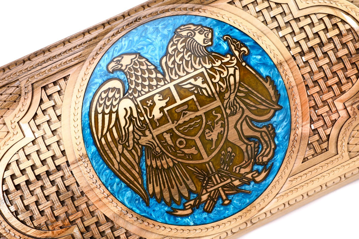 Handmade Walnut Backgammon Set with Armenian Coat of Arms, Braid Motifs and Epoxy Resin, 60 cm - photo 2