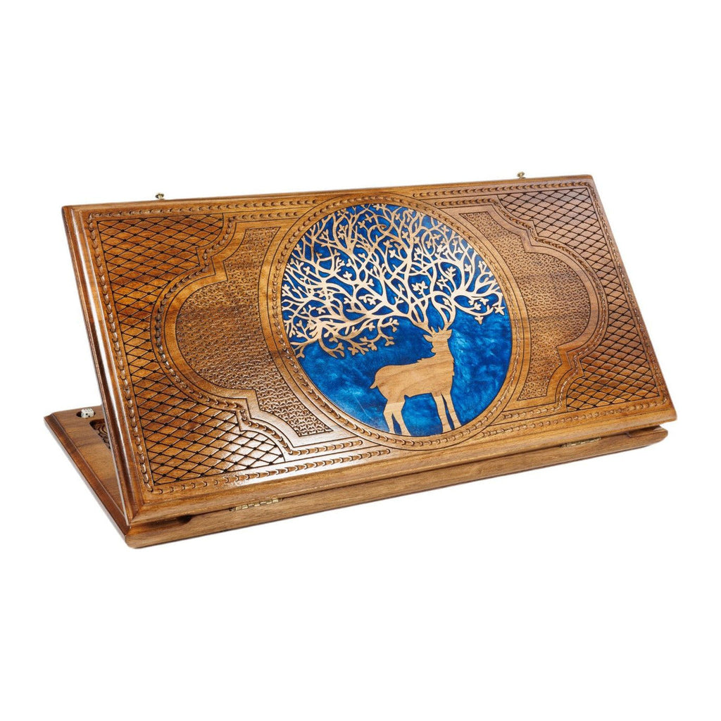 Handmade Walnut Backgammon Set with Deer and Epoxy Resin, 60 cm