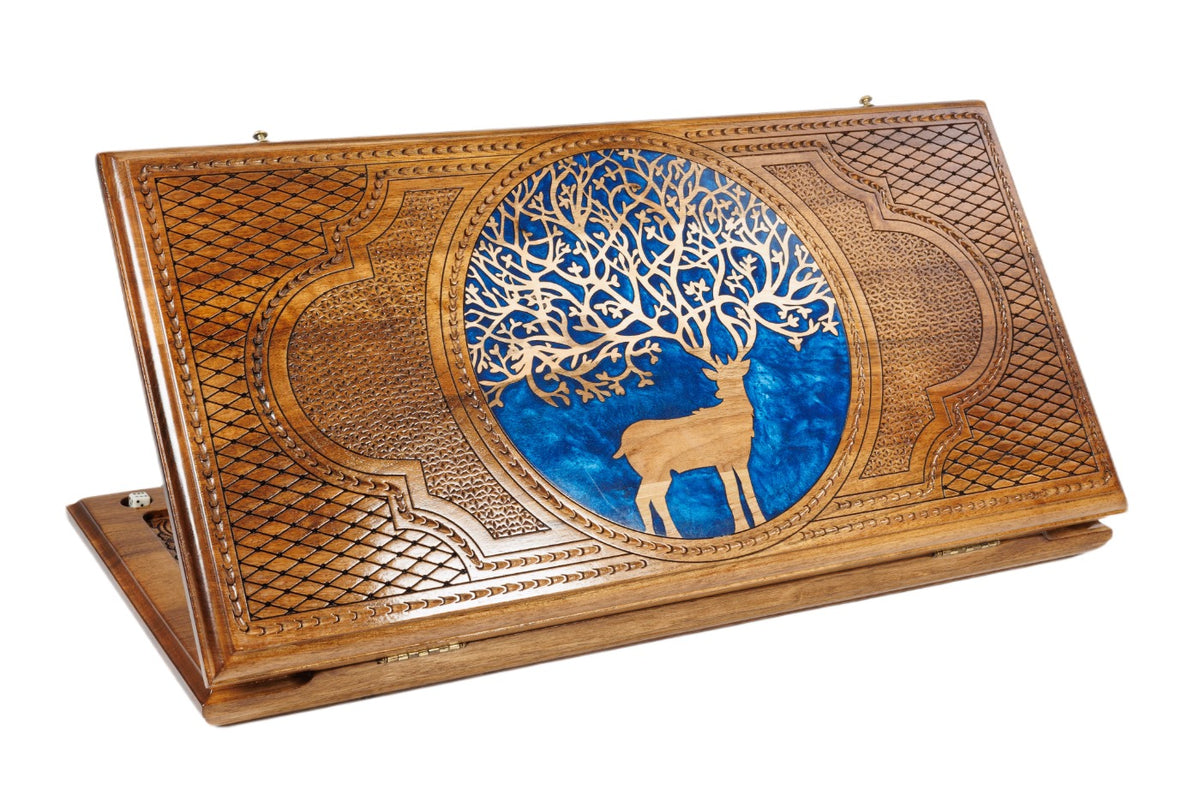 Handmade Walnut Backgammon Set with Deer and Epoxy Resin, 60 cm