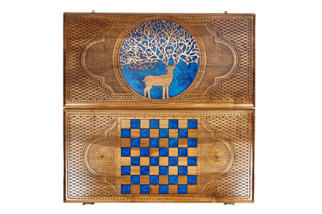 Handmade Walnut Backgammon Set with Deer and Epoxy Resin, 60 cm - photo 8