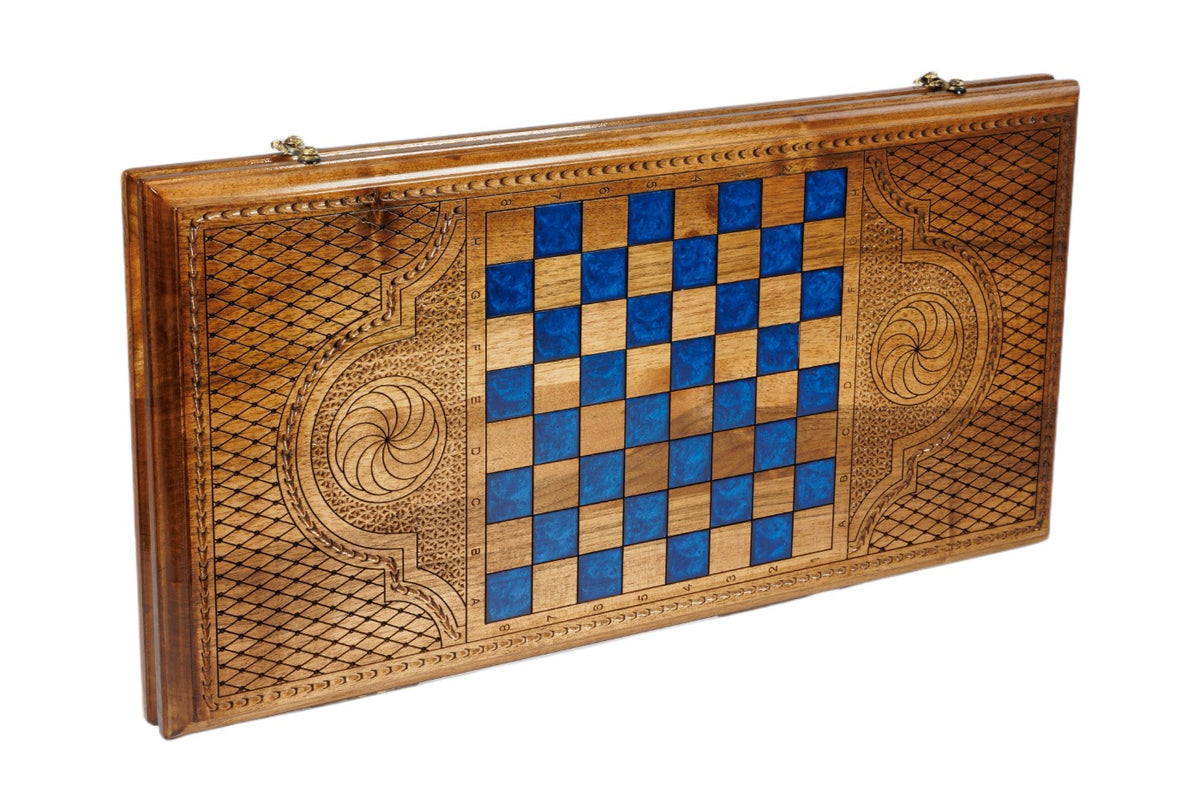 Handmade Walnut Backgammon Set with Deer and Epoxy Resin, 60 cm - photo 4