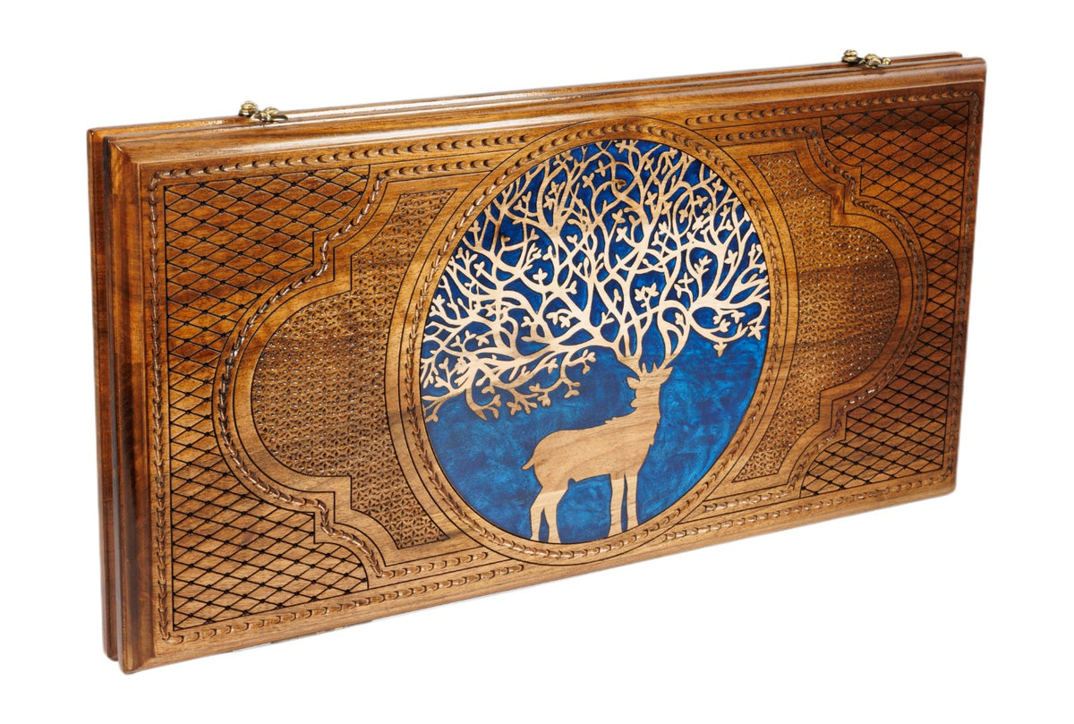 Handmade Walnut Backgammon Set with Deer and Epoxy Resin, 60 cm - photo 6