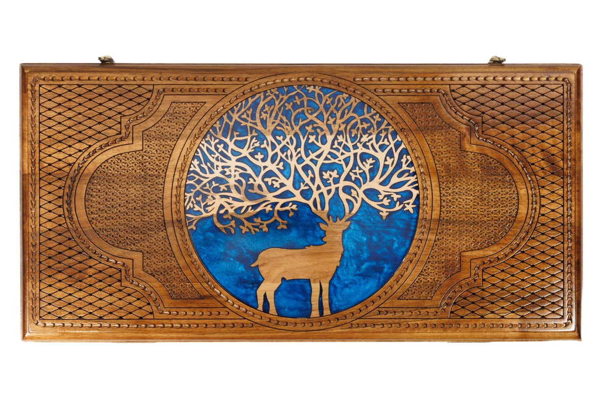 Handmade Walnut Backgammon Set with Deer and Epoxy Resin, 60 cm - photo 5
