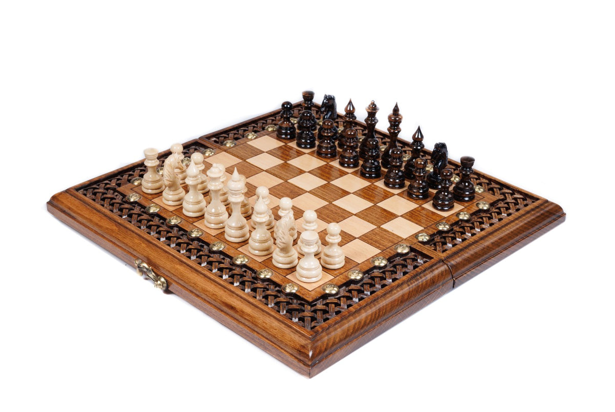 Handmade Wooden Chess and Backgammon Set with Ornamental Braid Pattern and Ararat Outline, 30 cm