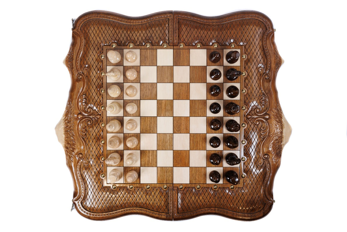 Handmade Walnut Chess and Backgammon Set with Ornamental Braid Pattern and Ararat Outline, 60 cm - photo 9