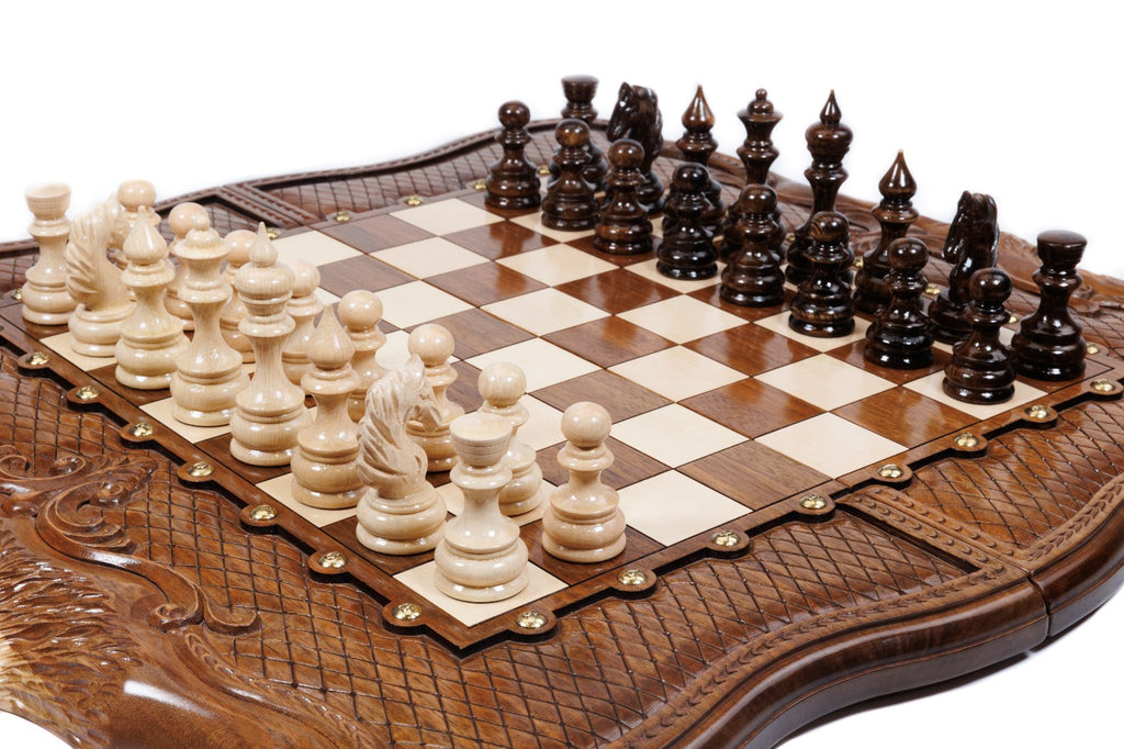 Handmade Walnut Chess and Backgammon Set with Ornamental Braid Pattern and Ararat Outline, 60 cm - photo 2