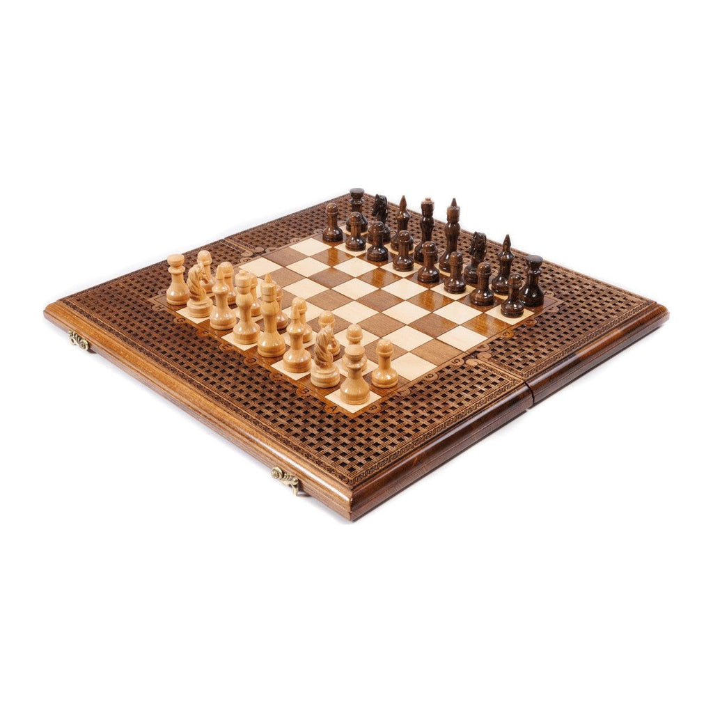 Handmade Wooden Chess and Backgammon Set with Ornamental Braid Pattern, 50 cm