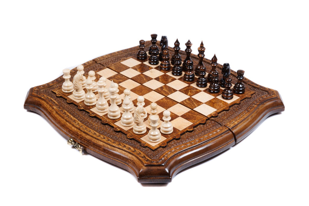 Handmade Wooden Chess Set with Contour Outline, 30 cm (Model 21321)