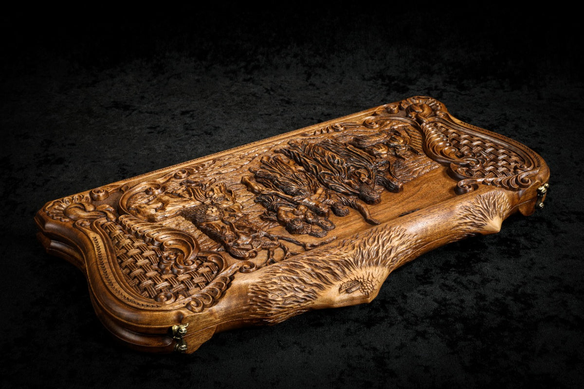 Handmade Walnut Backgammon Set with Noah's Ark Scene, Hornbeam Inlay and Ararat Outline, 60 cm - photo 9