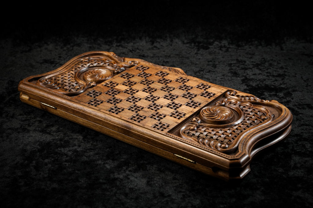 Handmade Walnut Backgammon Set with Noah's Ark Scene, Hornbeam Inlay and Ararat Outline, 60 cm - photo 10