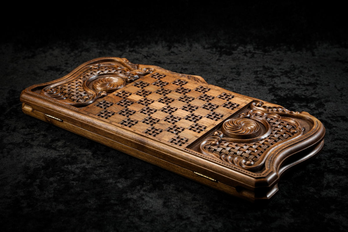 Handmade Walnut Backgammon Set with Noah's Ark Scene, Hornbeam Inlay and Ararat Outline, 60 cm - photo 10