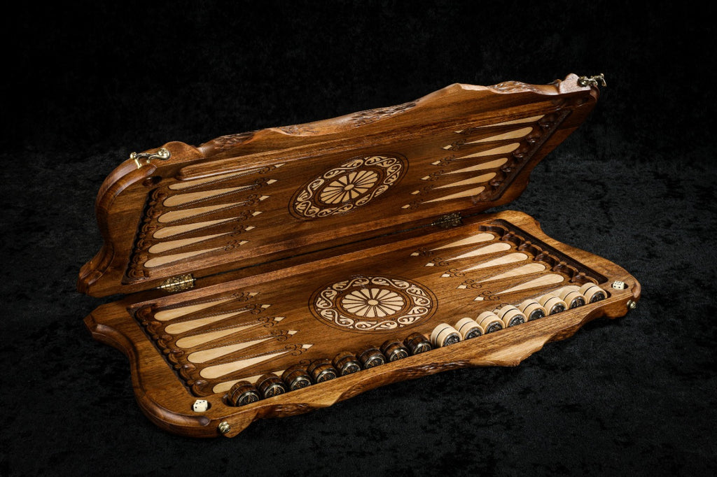 Handmade Walnut Backgammon Set with Noah's Ark Scene, Hornbeam Inlay and Ararat Outline, 60 cm - photo 6
