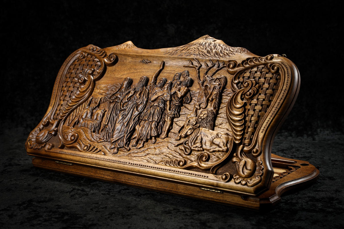 Handmade Walnut Backgammon Set with Noah's Ark Scene, Hornbeam Inlay and Ararat Outline, 60 cm - photo 8