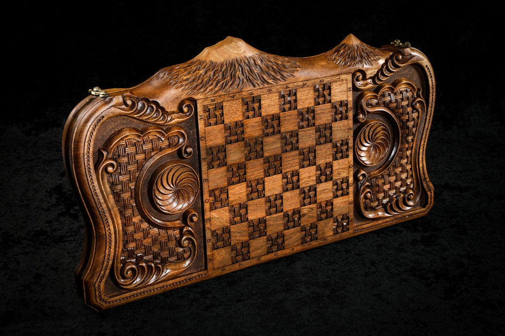 Handmade Walnut Backgammon Set with Noah's Ark Scene, Hornbeam Inlay and Ararat Outline, 60 cm - photo 4