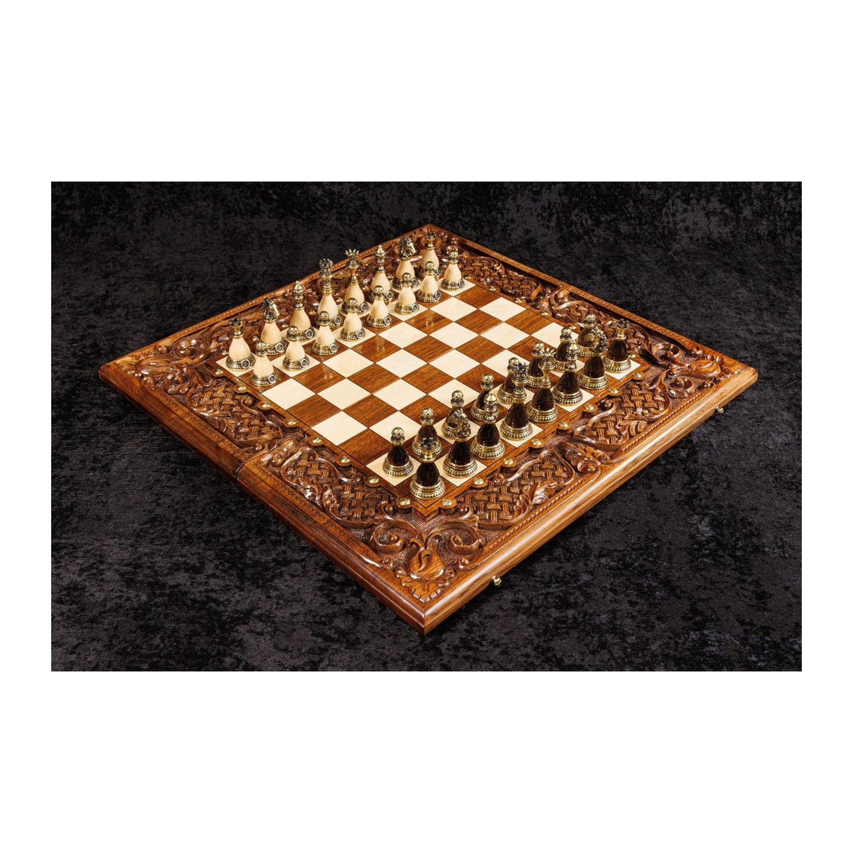 Handmade Walnut Chess and Backgammon Set with Ornamental Braid Pattern and Epoxy Resin, 60 cm (Model 32207_63606)