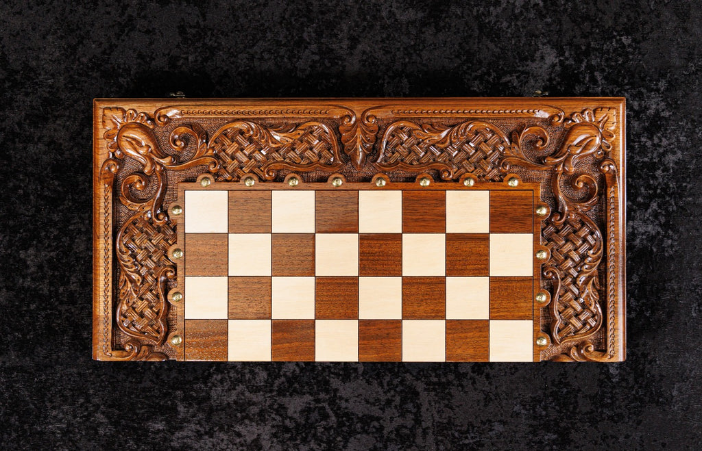 Handmade Walnut Chess and Backgammon Set with Ornamental Braid Pattern and Epoxy Resin, 60 cm - photo 7