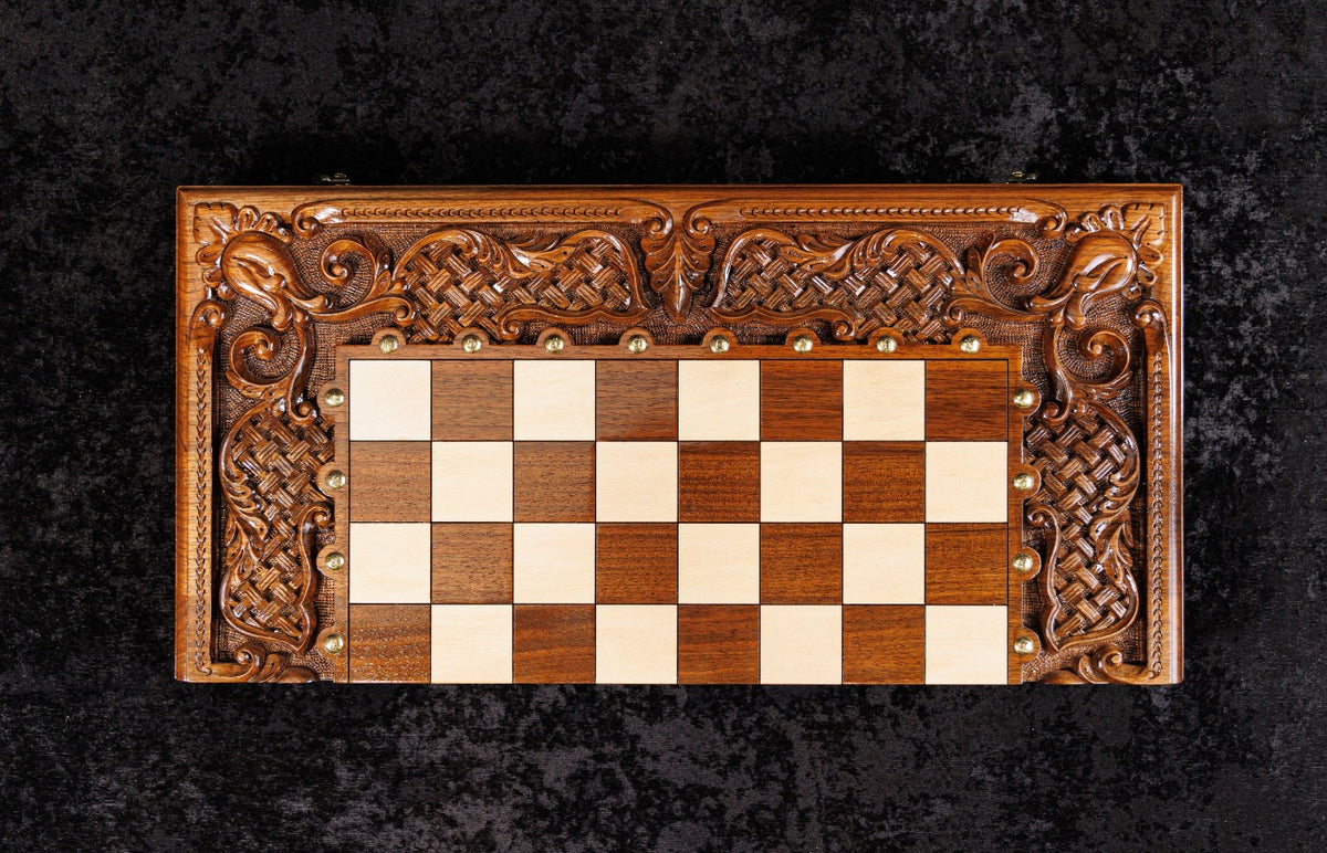 Handmade Walnut Chess and Backgammon Set with Ornamental Braid Pattern and Epoxy Resin, 60 cm - photo 7