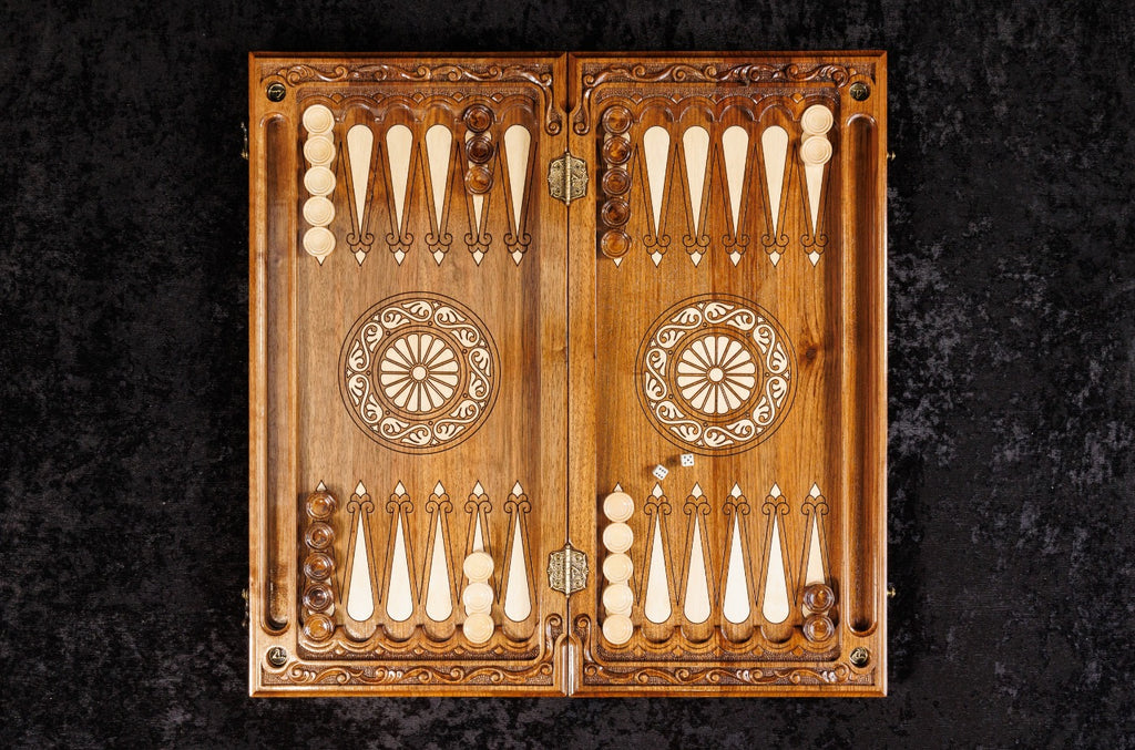 Handmade Walnut Chess and Backgammon Set with Ornamental Braid Pattern and Epoxy Resin, 60 cm - photo 9