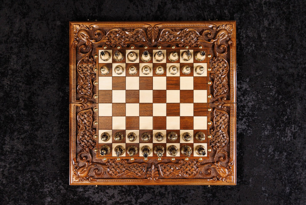 Handmade Walnut Chess and Backgammon Set with Ornamental Braid Pattern and Epoxy Resin, 60 cm - photo 6