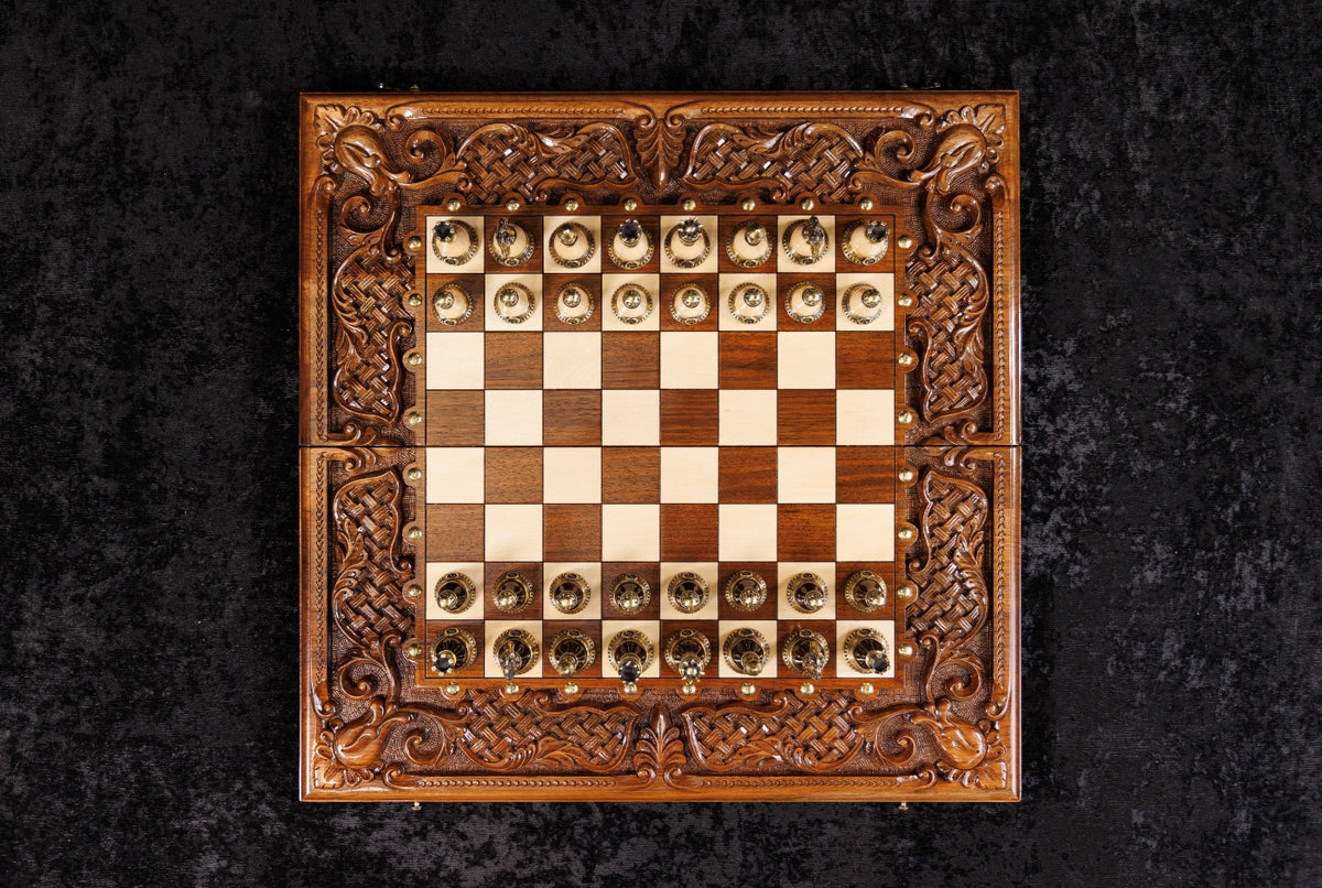 Handmade Walnut Chess and Backgammon Set with Ornamental Braid Pattern and Epoxy Resin, 60 cm - photo 6