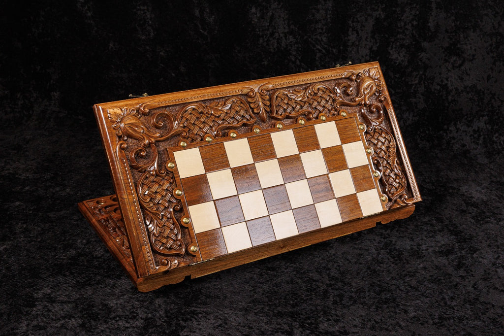 Handmade Walnut Chess and Backgammon Set with Ornamental Braid Pattern and Epoxy Resin, 60 cm - photo 4