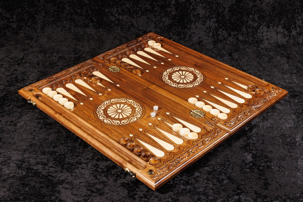 Handmade Walnut Chess and Backgammon Set with Ornamental Braid Pattern and Epoxy Resin, 60 cm - photo 3