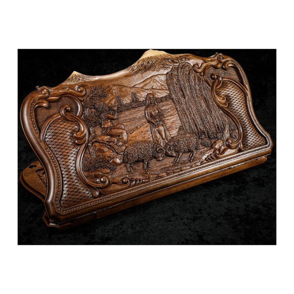 Handmade Walnut Backgammon Set with Rural Scene, Hornbeam Inlay and Ararat Outline, 60 cm (Model 12155_62353)