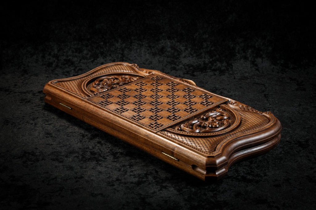 Handmade Walnut Backgammon Set with Rural Scene, Hornbeam Inlay and Ararat Outline, 60 cm - photo 9