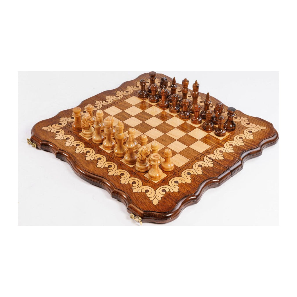 Handmade Walnut Chess and Backgammon Set with Armenian Ornament, 50 cm