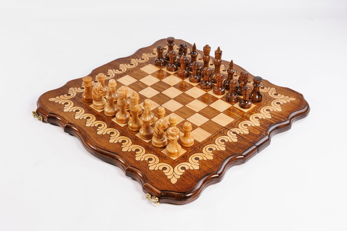 Handmade Walnut Chess and Backgammon Set with Armenian Ornament, 50 cm
