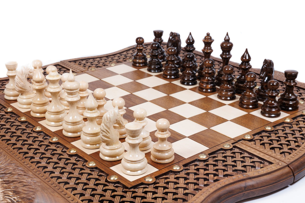 Handmade Walnut Chess and Backgammon Set with Ornamental Braid Pattern, 60 cm - photo 2