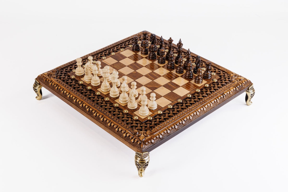 Handmade Walnut Square Chess Set with Bronze Legs, 40 cm (Model 21703)