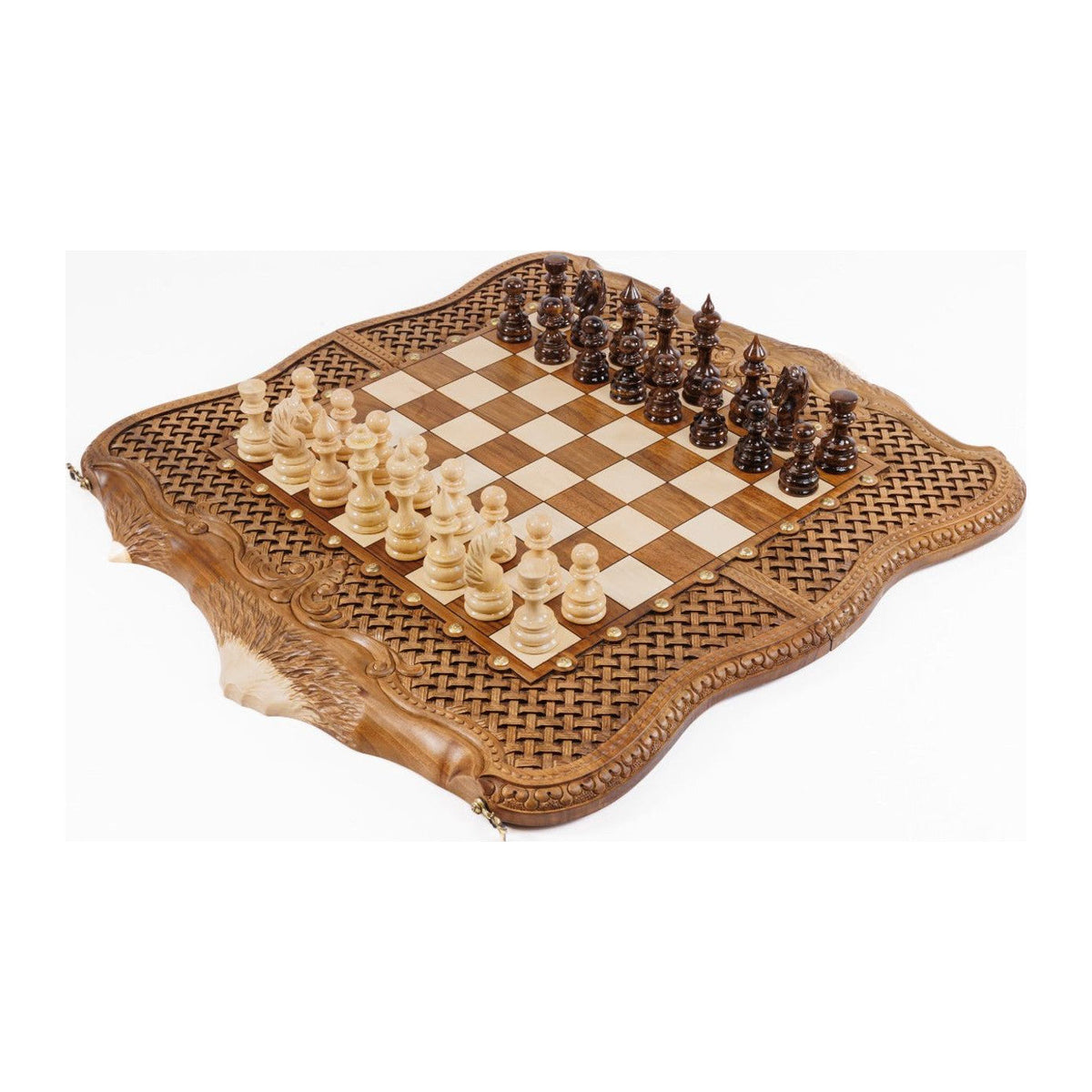 Handmade Walnut Chess and Backgammon Set with Ornamental Braid Pattern and Ararat Outline, 60 cm (Model 32113)