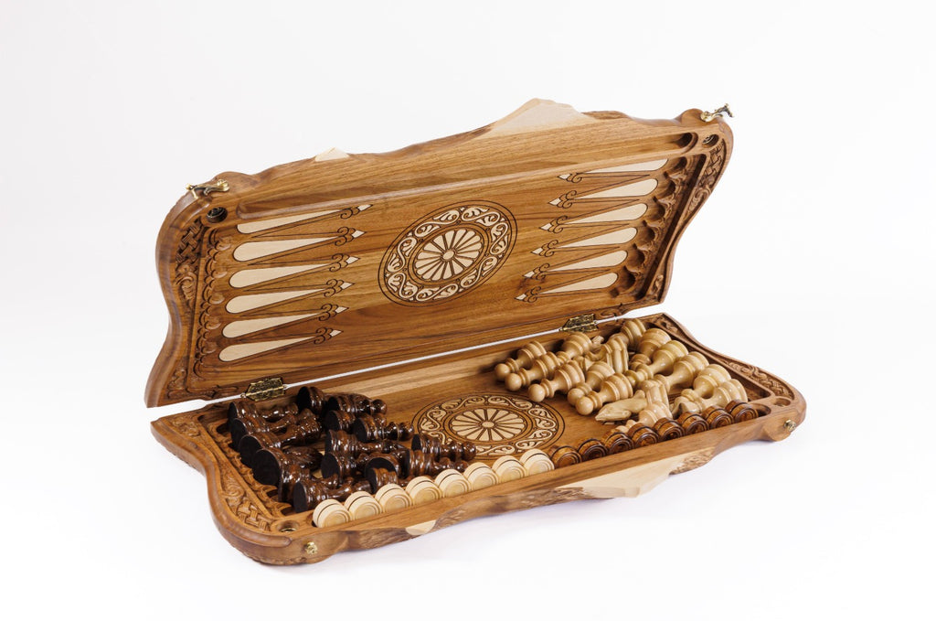 Handmade Walnut Chess and Backgammon Set with Ornamental Braid Pattern and Ararat Outline, 60 cm - photo 9