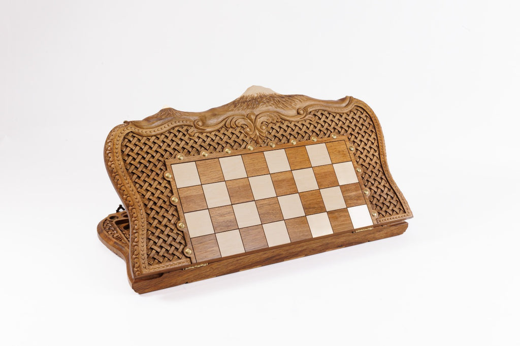 Handmade Walnut Chess and Backgammon Set with Ornamental Braid Pattern and Ararat Outline, 60 cm - photo 4