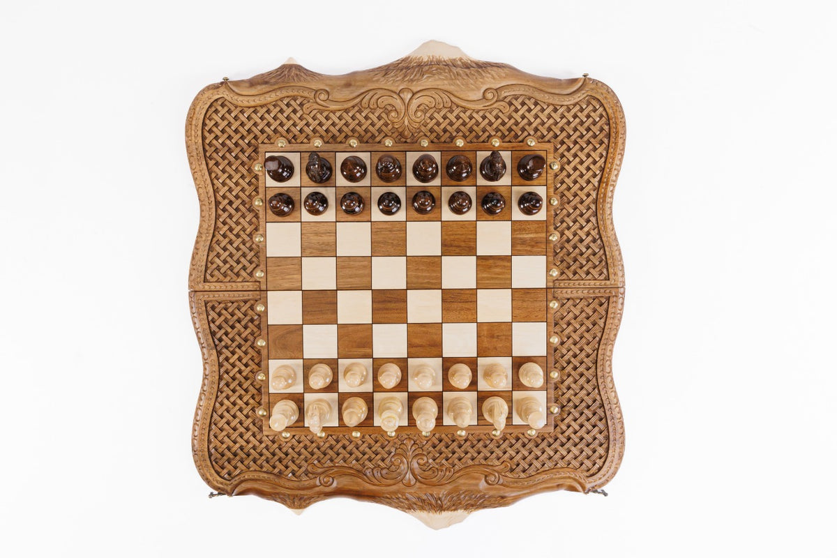 Handmade Walnut Chess and Backgammon Set with Ornamental Braid Pattern and Ararat Outline, 60 cm - photo 7