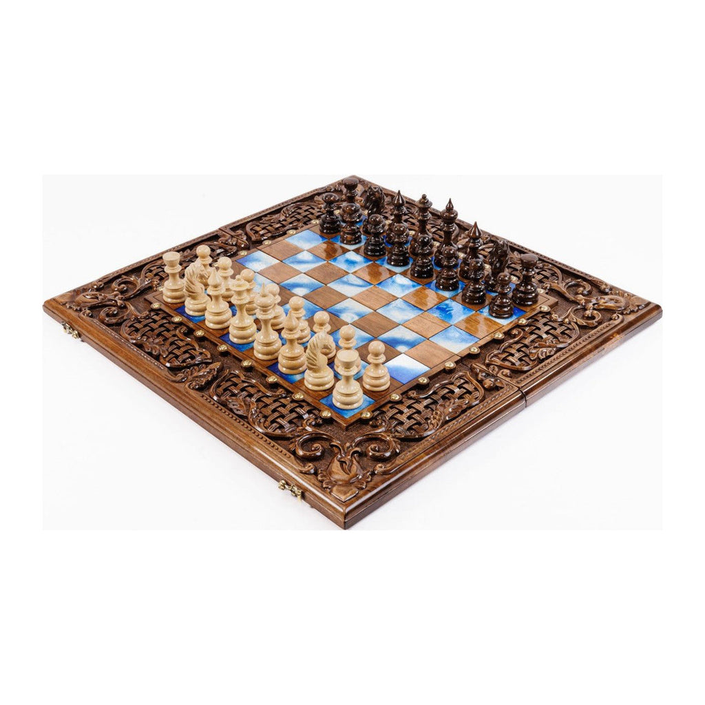 Handmade Walnut Chess and Backgammon Set with Ornamental Braid Pattern and Epoxy Resin, 60 cm (Model 32215.)