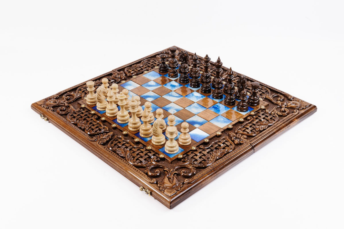 Handmade Walnut Chess and Backgammon Set with Ornamental Braid Pattern and Epoxy Resin, 60 cm (Model 32215.)