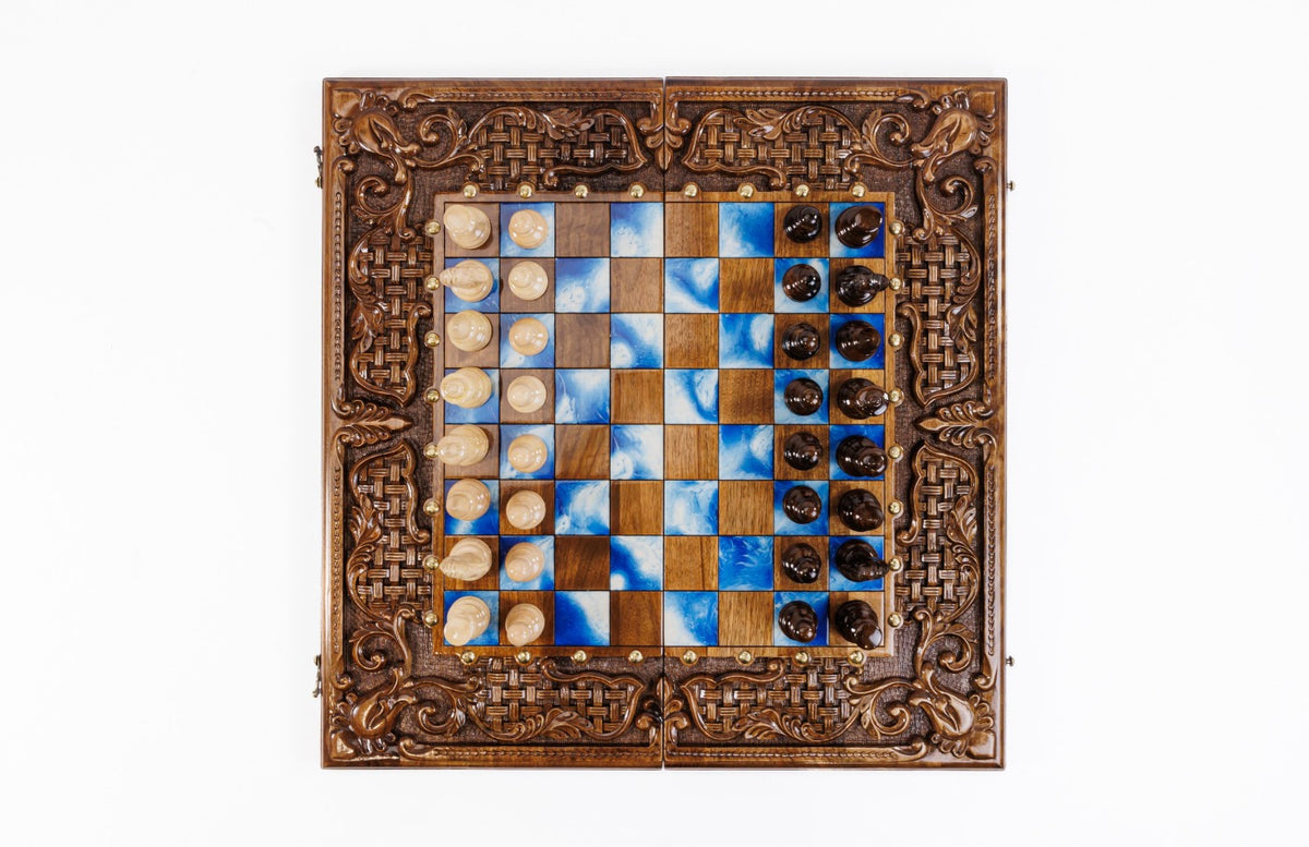 Handmade Walnut Chess and Backgammon Set with Ornamental Braid Pattern and Epoxy Resin, 60 cm - photo 5
