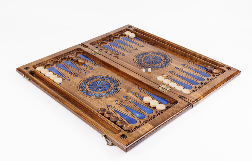 Handmade Walnut Chess and Backgammon Set with Ornamental Braid Pattern and Epoxy Resin, 60 cm - photo 3