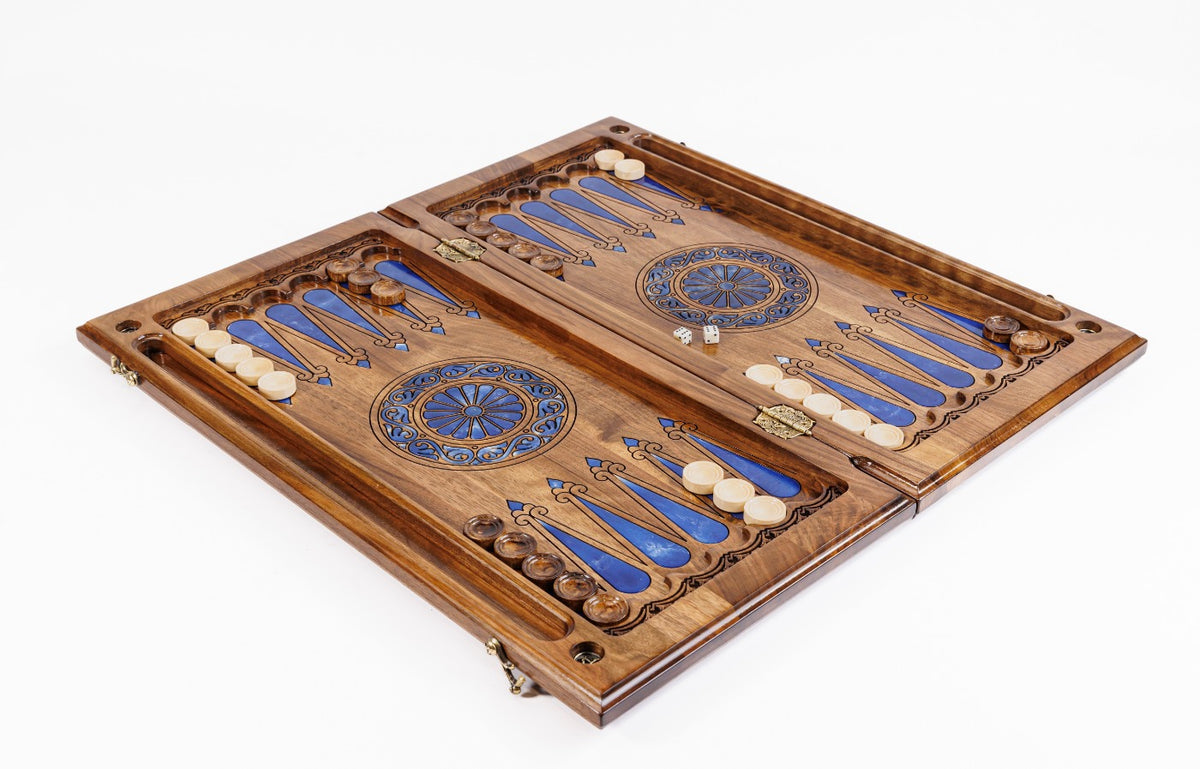Handmade Walnut Chess and Backgammon Set with Ornamental Braid Pattern and Epoxy Resin, 60 cm - photo 3