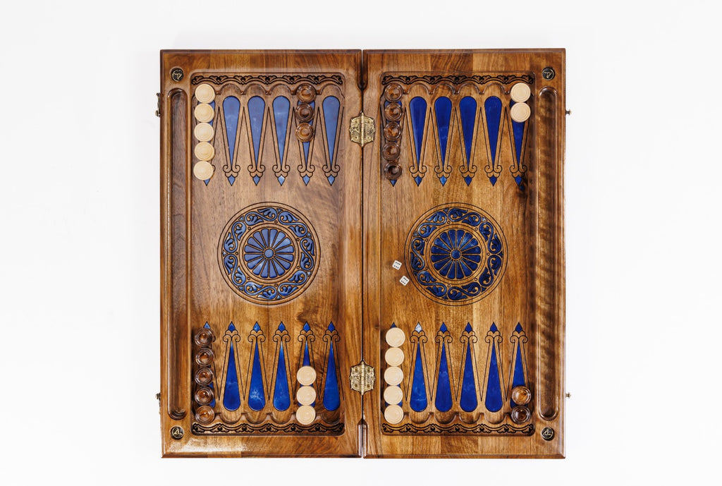 Handmade Walnut Chess and Backgammon Set with Ornamental Braid Pattern and Epoxy Resin, 60 cm - photo 10